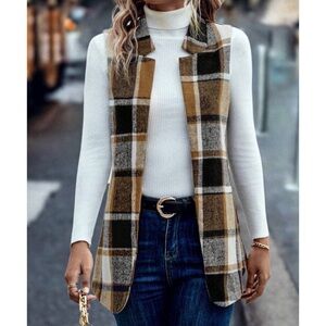 Plaid Open-Front Sleeveless Vest - Camel/Olive